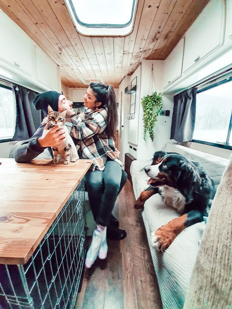 couple heureux avec chat et chien dans un camping-car
