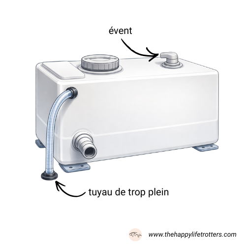 cuve d'eau propre camping-car avec évent et tuyau de trop plein