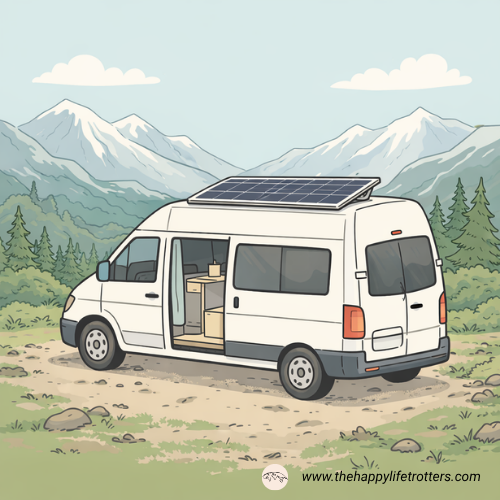 van L2H2 avec panneau solaire rigide devant les montagnes