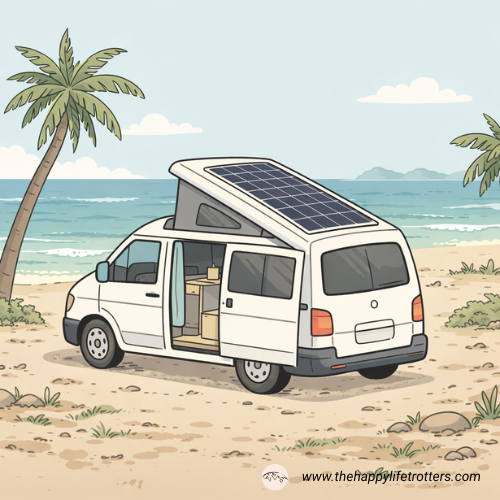van toit relevable avec panneau solaire au bord de mer