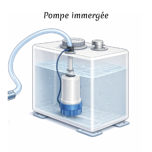 dessin d'une pompe immergée dans cuve d'eau rigide