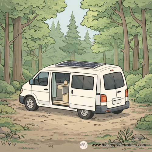 fourgon toit bombé et panneau solaire souple dans la forêt